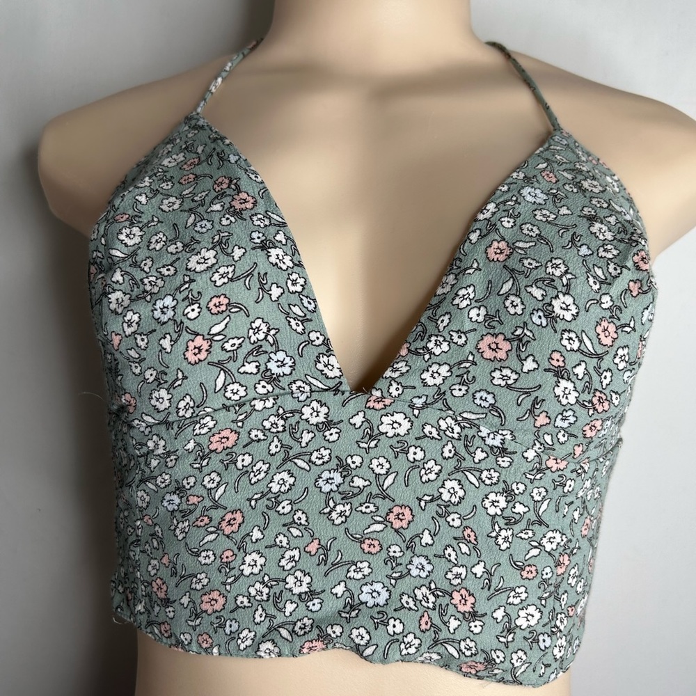 Olivaceous Women’s Halter Floral Sweetheart Neckline CropTop.Green White.Size L